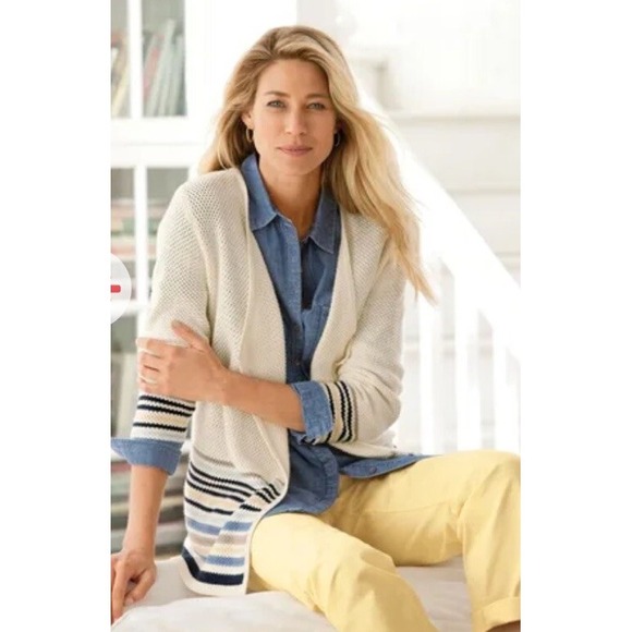 J. Jill Sweaters - J. Jill Womens XS Open Front Cardigan Sweater Cream Striped Cotton Blend 0769